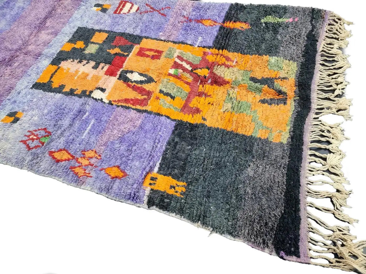 Moroccan Boujaad Rug in Mauve, Pink, Orange, and Black Geometric Patterns