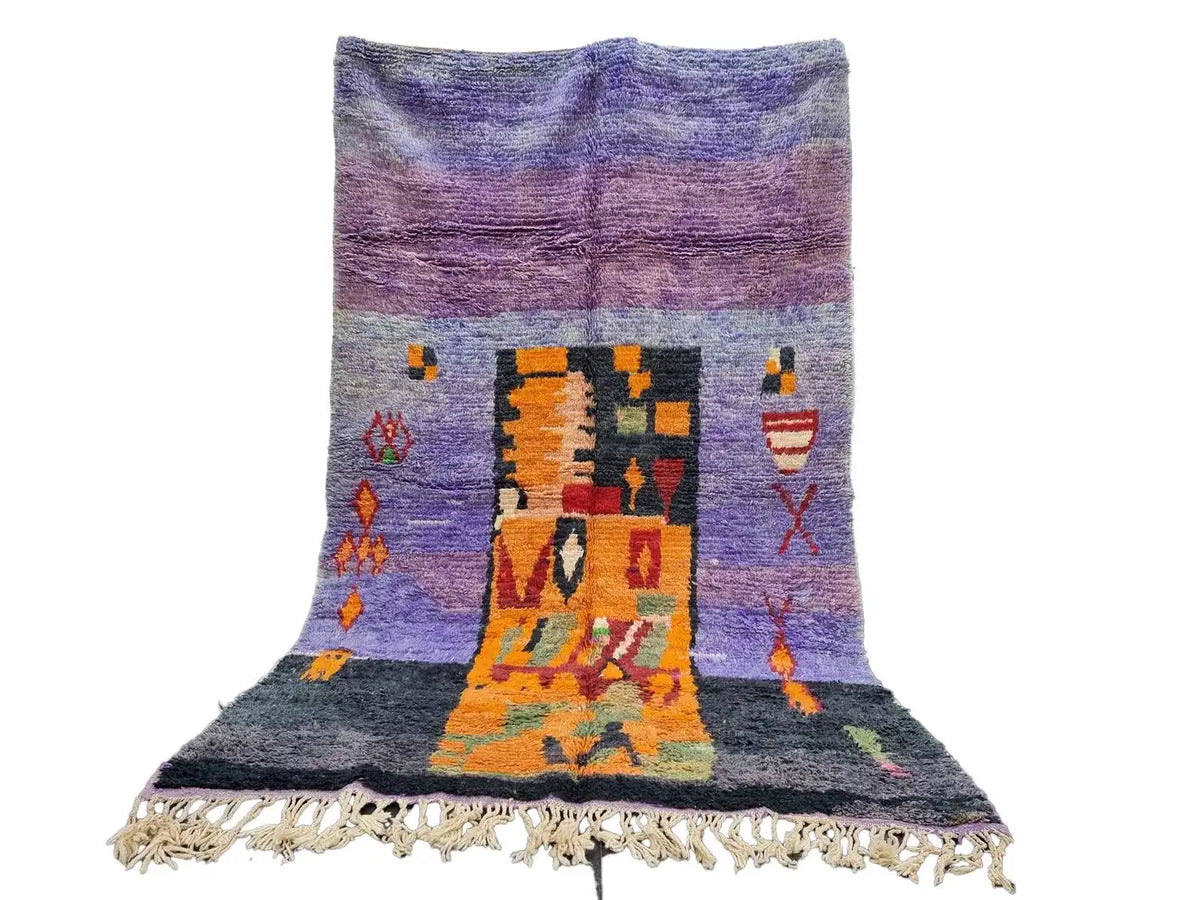 Moroccan Boujaad Rug in Mauve, Pink, Orange, and Black Geometric Patterns
