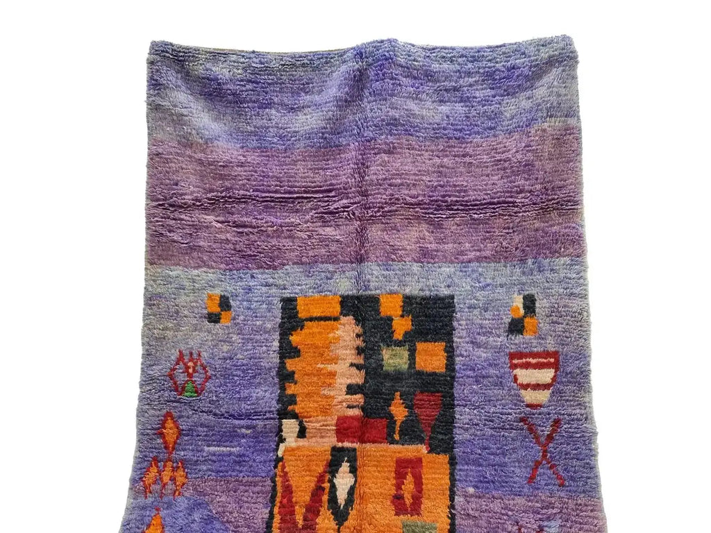 Moroccan Boujaad Rug in Mauve, Pink, Orange, and Black Geometric Patterns