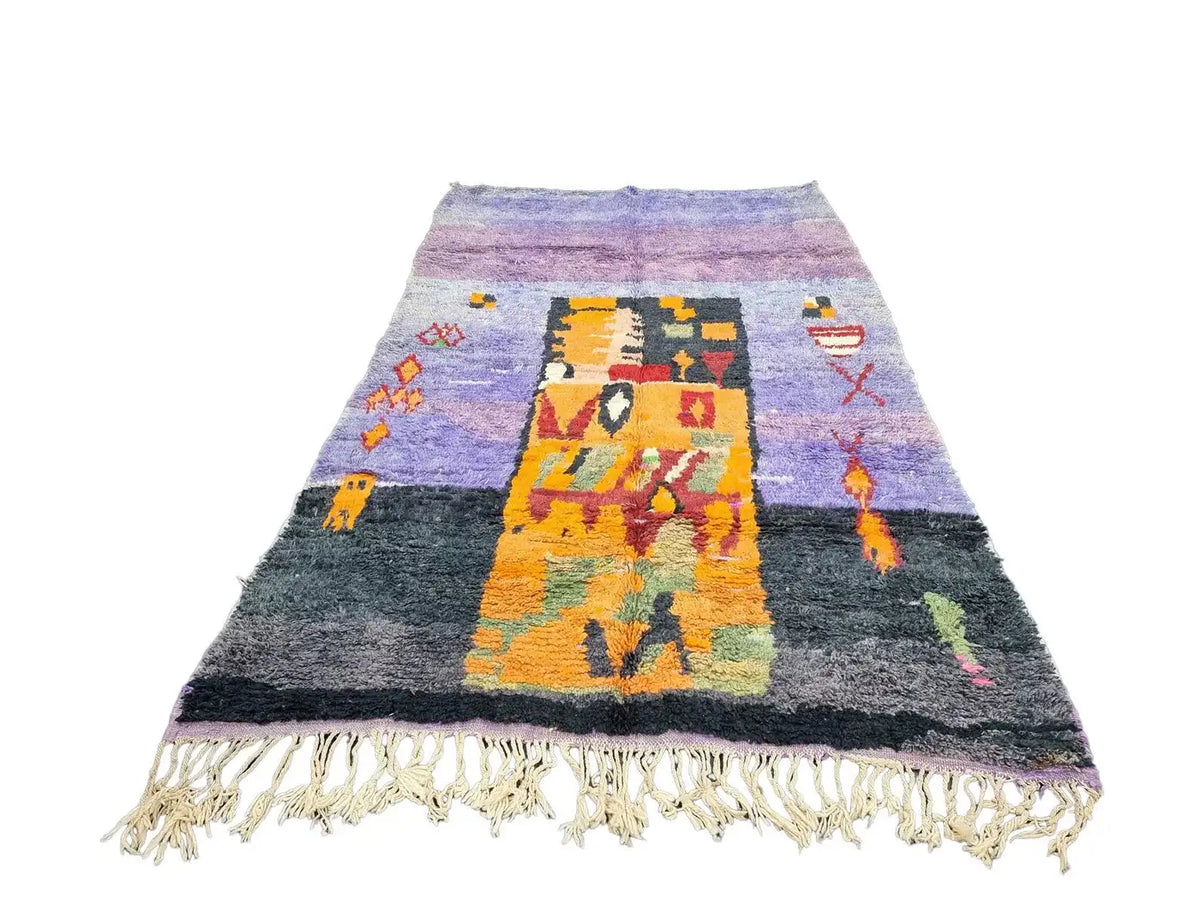 Moroccan Boujaad Rug in Mauve, Pink, Orange, and Black Geometric Patterns