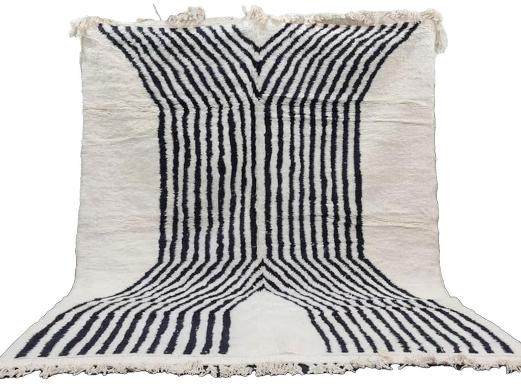 Moroccan Boujaad wool rug in white with directional black stripes