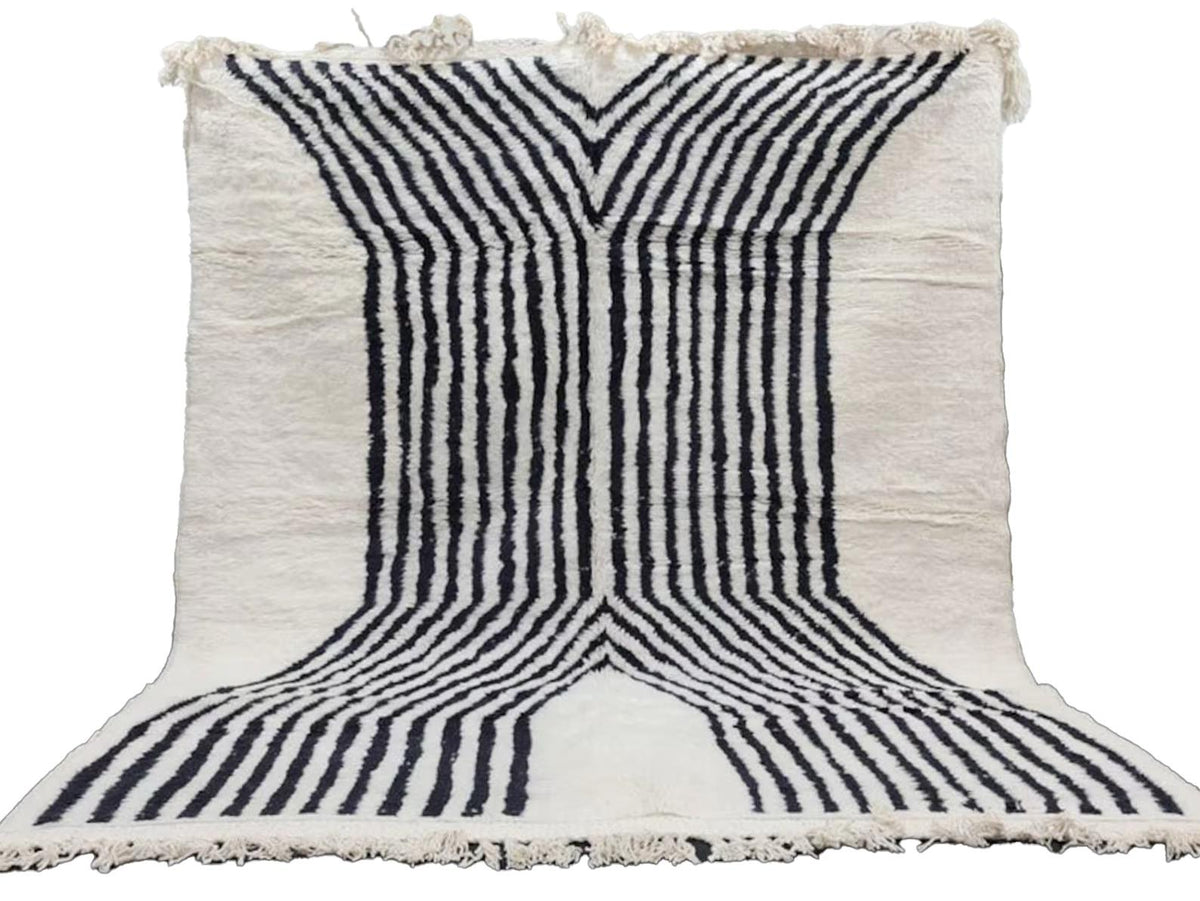 Moroccan Boujaad wool rug in white with directional black stripes
